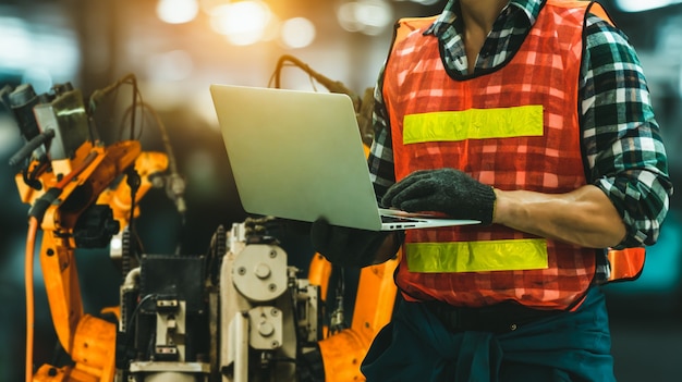 L'ingénieur utilise un logiciel robotique avancé pour contrôler le bras du robot industriel en usine