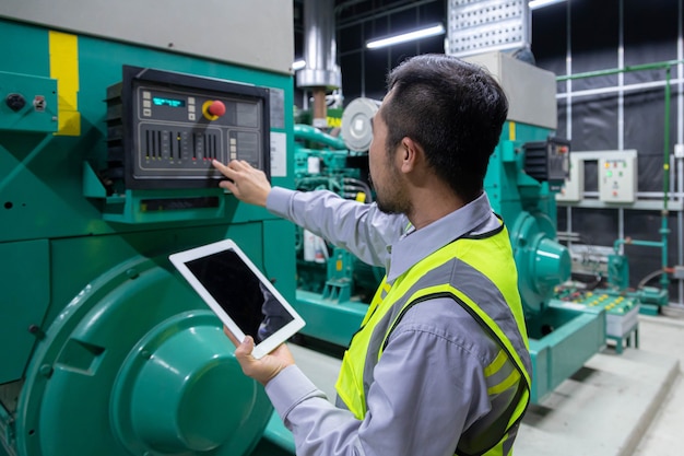 L'ingénieur utilise une tablette pour vérifier et entretenir le générateur diesel dans la salle d'alimentation d'urgence.