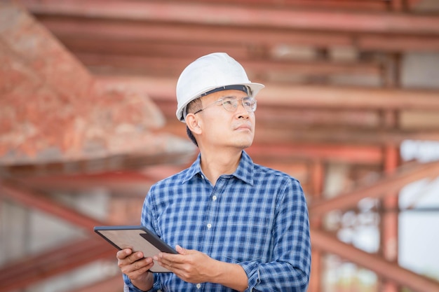 Ingénieur vérifiant le projet sur le chantier Homme en casque avec tablette numérique sur le chantier de construction d'infrastructures