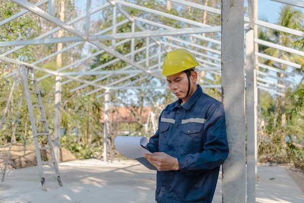 Ingénieur vérifiant le travail au bâtiment de construction