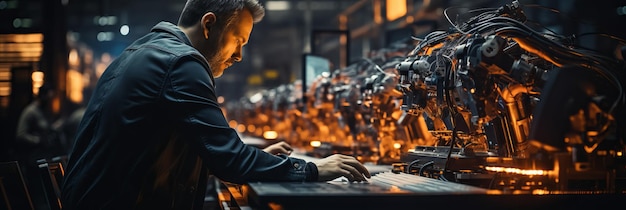 L'ingénieur vérifie et contrôle la machine à bras automatique de la robotique de soudage dans une usine intelligente