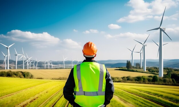 Photo l'ingénieur vérifie la production d'énergie dans un parc d'éoliennes concept d'énergie alternative et renouvelable