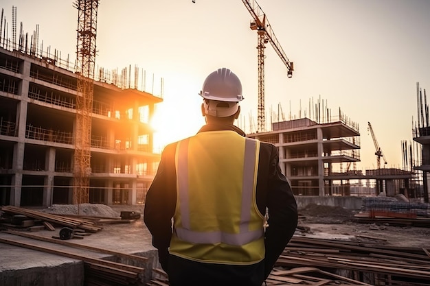 L'ingénieur de vue arrière regarde vers le haut l'angle du niveau du sol du chantier de construction