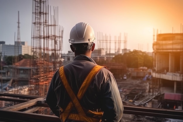 L'ingénieur de vue arrière regarde vers le haut l'angle du niveau du sol du chantier de construction