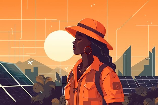 Ingénieure afro-femme travaillant sur des panneaux solaires illustration plate AI générée