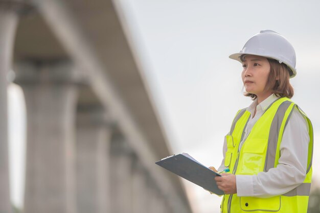 Une ingénieure asiatique travaille sur un chantier de construction d'un pont d'autoroute. Un ouvrier civil inspecte les travaux de construction du passage à niveau.