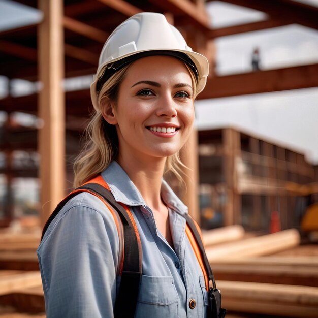 une ingénieure civile avec des dessins sur le chantier souriante