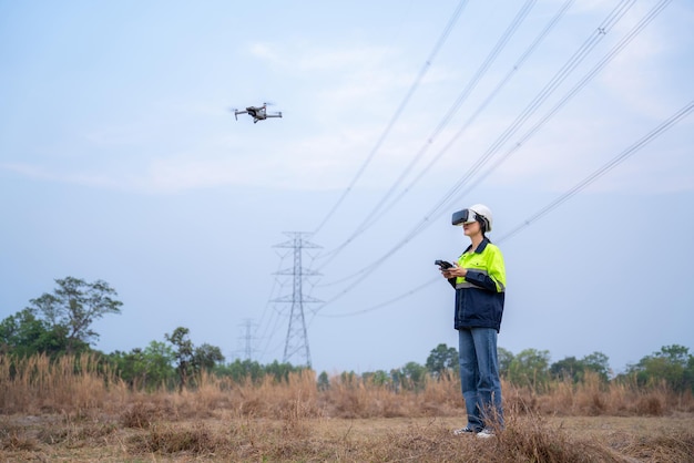 Une ingénieure électricienne portant des lunettes vr utilisant un drone pour voler inspecte la centrale électrique en vue aérienne pour planifier le développement ou l'inspection de la production d'électricité aux poteaux électriques à haute tension