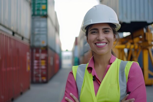 Ingénieure hispanique en casque au centre logistique