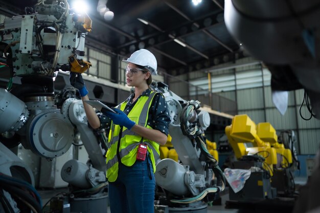 Une ingénieure installe un programme sur un bras robotique dans un entrepôt de robots et teste le fonctionnement avant d'envoyer la machine au client