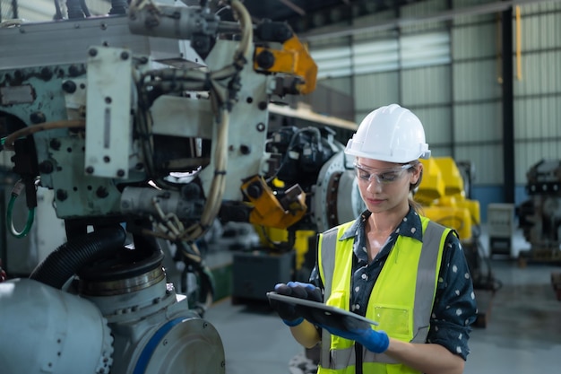 Une ingénieure installe un programme sur un bras robotique dans un entrepôt de robots et teste le fonctionnement avant d'envoyer la machine au client