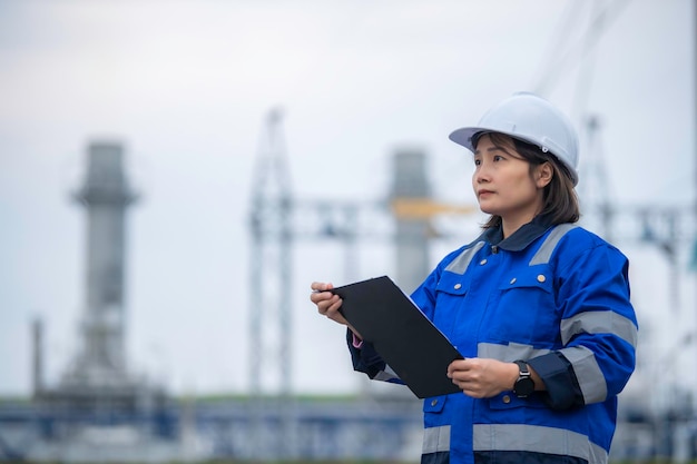 Photo ingénieure pétrochimique asiatique travaillant dans une raffinerie de pétrole et de gaz, une usine industrielle, un ouvrier du peuple, un ingénieur masculin, un contrôleur de travail dans une usine électrique, une industrie manufacturière.