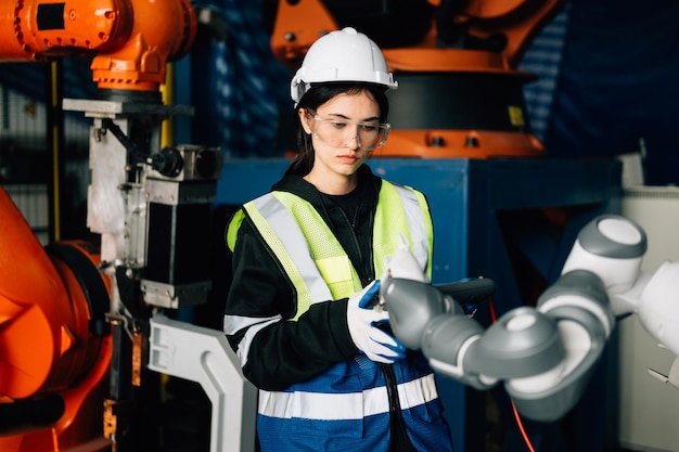 Ingénieure technicienne utilisant un contrôleur vérifiant et faisant fonctionner une machine robotique automatique
