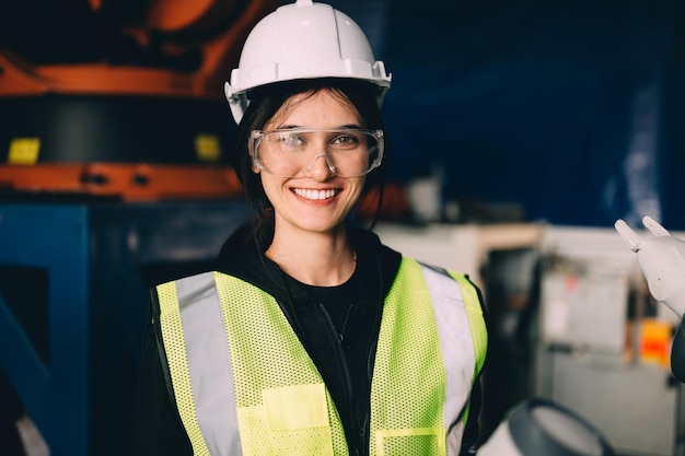 Ingénieure technicienne utilisant un contrôleur vérifiant et faisant fonctionner une machine robotique automatique