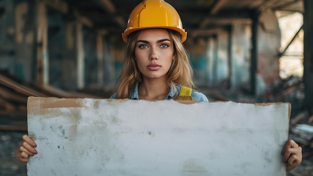 Photo une ingénieure travaillant dans la construction regarde par-dessus un panneau d'affichage blanc vierge. ia générative