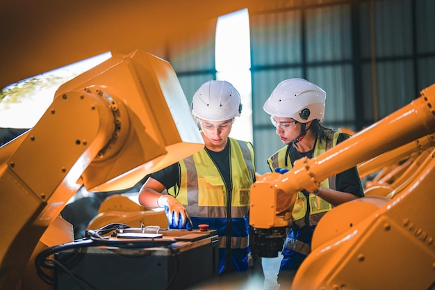 Ingénieure d'usine femme inspectant une machine avec une tablette intelligente ouvrier travaille sur le bras robot de la machine