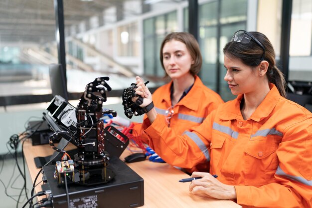 Une ingénieure vérifie et contrôle la machine de bras de robot d'automatisation dans une usine intelligente industrielle sur la robotique logicielle du système de surveillance en temps réel et l'opération de fabrication numérique