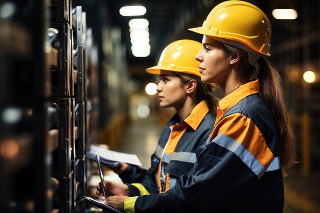 Ingénieures inspectant des machines dans un entrepôt industriel