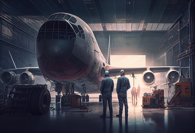 Photo des ingénieurs aéronautiques dans un hangar et un avion de ligne