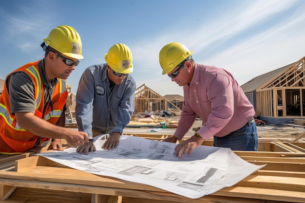 Des ingénieurs-architectes, des ouvriers et des contremaîtres collaborent à un projet de construction