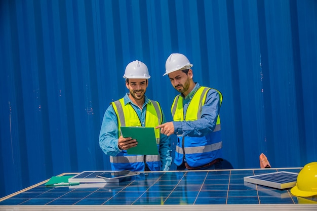 Ingénieurs de centrales solaires rencontrant et examinant des panneaux photovoltaïques Concept d'énergie alternative et de son service