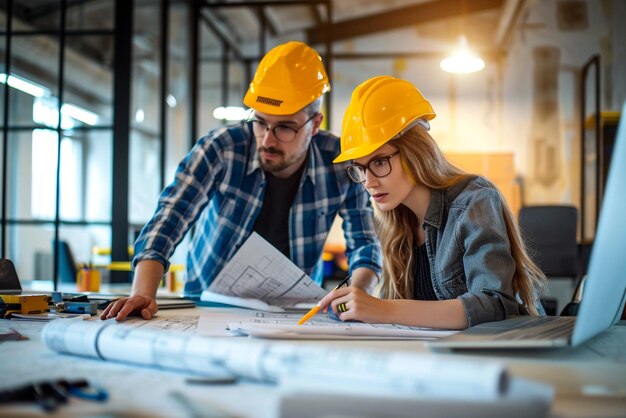 ingénieurs de construction en action architecte et femme d'affaires à un bureau avec des plans