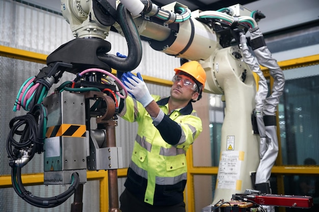 Photo les ingénieurs en contrôle robotique résolvent les problèmes et définissent la programmation du panneau de commande pour le contrôleur de bras de robot industriel dans l'usine de production