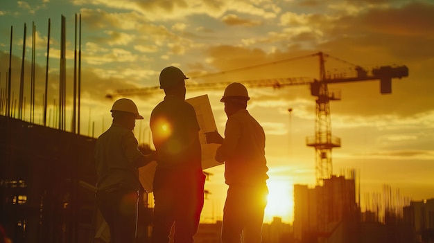 Les ingénieurs d'entreprise cherchent des plans sur des chantiers floues au coucher du soleil.
