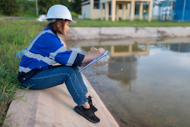 Ingénieurs de l'environnement travaillent dans des stations d'épuration des eaux uséesIngénieurs de l'approvisionnement en eau travaillant dans une usine de recyclage de l'eauVérifiez la quantité de chlore dans l'eau pour qu'elle respecte les critères