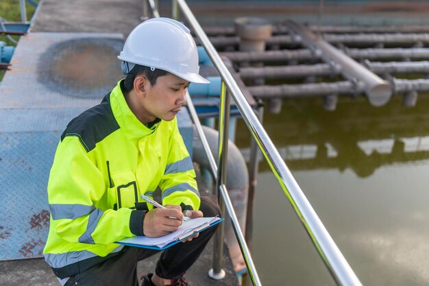 Photo les ingénieurs en environnement travaillent dans les usines de traitement des eaux uséesingénierie de l'approvisionnement en eau travaillant dans une usine de recyclage de l'eau pour la réutilisation