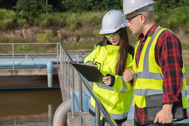 Les ingénieurs de l'environnement travaillent dans les usines de traitement des eaux uséesIngénierie de l'approvisionnement en eau travaillant à l'usine de recyclage de l'eau pour la réutilisationLes techniciens et les ingénieurs discutent du travail ensemble