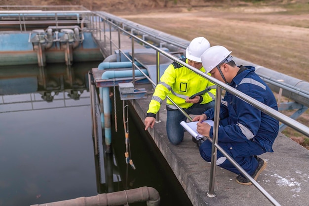 Les ingénieurs de l'environnement travaillent dans les usines de traitement des eaux uséesIngénierie de l'approvisionnement en eau travaillant à l'usine de recyclage de l'eau pour la réutilisationLes techniciens et les ingénieurs discutent du travail ensemble