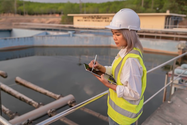 Photo les ingénieurs de l'environnement travaillent dans les usines de traitement des eaux uséesingénierie de l'approvisionnement en eau travaillant à l'usine de recyclage de l'eau pour la réutilisationles techniciens et les ingénieurs discutent du travail ensemble