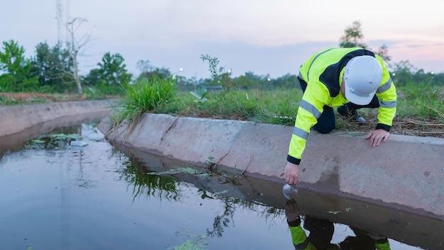 Ingénieurs environnementaux inspectent la qualité de l'eau Apportez de l' eau au laboratoire pour les tests Vérifiez la teneur en minéraux de l' eaux et du sol Vérifissez les contaminants dans les sources d'eau