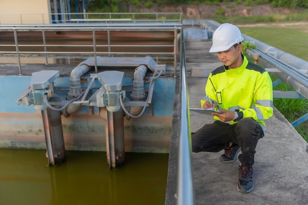 Ingénieurs environnementaux travaillent dans des usines de traitement des eaux usées Ingénieurs de l'approvisionnement en eau travaillent dans une usine de recyclage de l'eau pour sa réutilisation