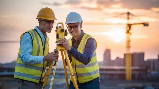 Photo des ingénieurs géomètres travaillent ensemble à l'aide d'un théodolite sur le chantier.