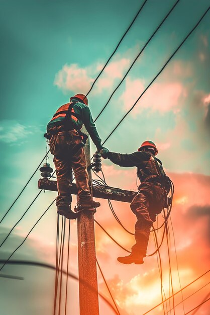 Ingénieurs en harnais montant des câbles à fibres optiques sur des poteaux de services publics faisant avancer l'infrastructure à large bande