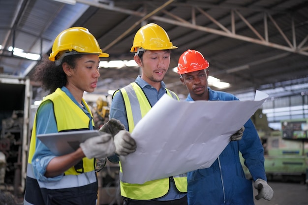 Des ingénieurs industriels masculins et féminins discutent avec un ouvrier d'usine sur fond de machines et d'équipements. Ils travaillent à l'usine de fabrication de l'industrie lourde.