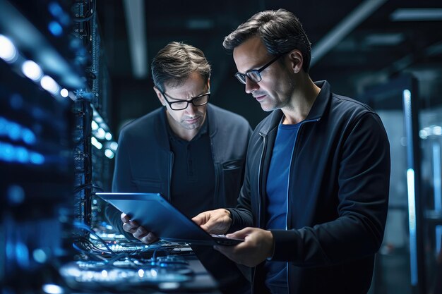 Photo ingénieurs informatiques dans un centre de données ou une salle de serveur travaillant avec un ordinateur portable