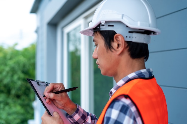 Des ingénieurs ou des inspecteurs portant des gilets réfléchissants oranges prennent des notes et vérifient avec des calepins sur le chantier de construction du bâtiment, les inspections des entrepreneurs et les concepts d'ingénierie.