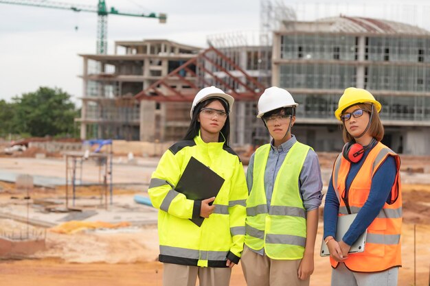 Des ingénieurs jeunes et seniors discutent des travaux d'un grand bâtiment en constructionTrois personnes travaillant sur le site en construction