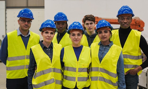 Des ingénieurs multiraciaux regardent la caméra à l'intérieur d'une usine robotique