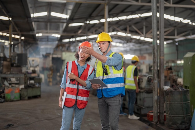 Des ingénieurs professionnels marchent et s'enregistrent dans l'entrepôt Le directeur de l'usine discute de l'inspection