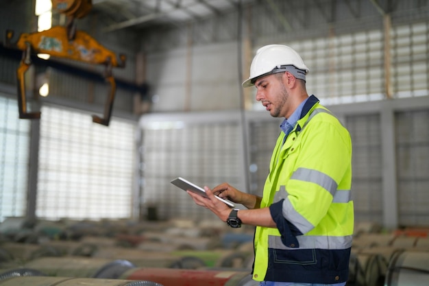 Des ingénieurs professionnels marchent et vérifient dans l'usine d'entrepôt