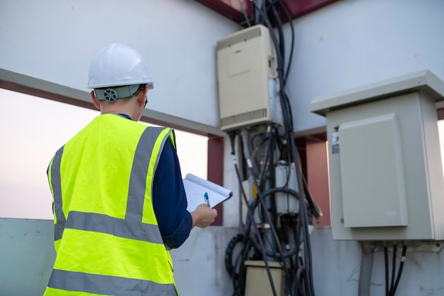 Ingénieurs des télécommunications travaillent dans les tours de téléphonie cellulaire pour les signaux de téléphonique cellulaire 5G Techniciens de maintenance des tours de réseau