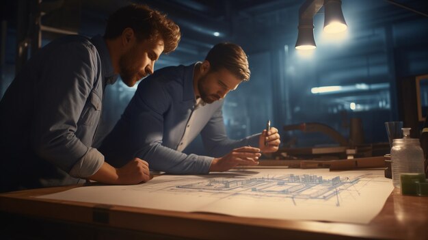 Photo ingénieurs travaillant sur les plans d'un projet ingénieurs discutant d'un project au bureau