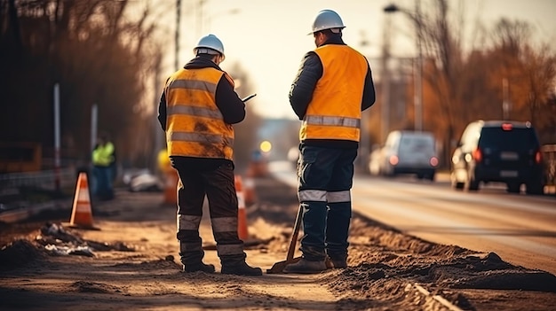 Deux ingénieurs en vêtements réfléchissants examinent le plan et discutent  du projet ensemble tout en travaillant sur le chantier de construction  Photo Stock - Alamy