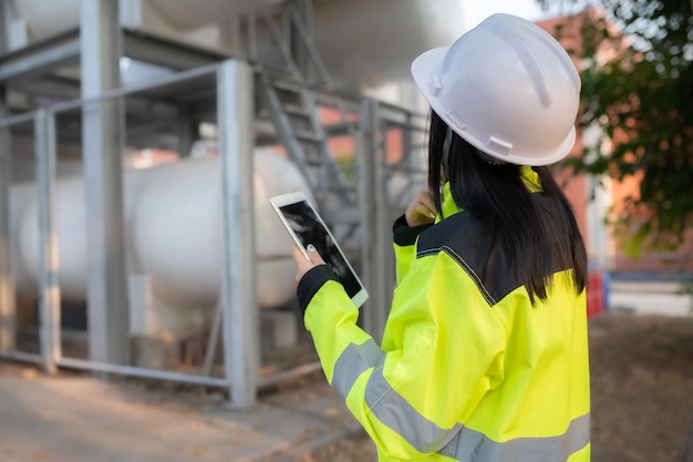 Les ingénieurs travaillent sur le lieu de travail pour contrôler le calendrier de maintenance préventive de l'hélium liquideThaïlandais