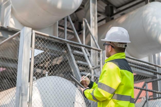 Les ingénieurs travaillent sur le lieu de travail pour contrôler le calendrier de maintenance préventive de l'hélium liquideThaïlandais