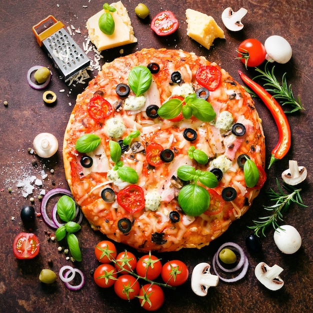 Ingrédients alimentaires et épices pour la cuisson des champignons tomates fromage oignon huile poivre sel basilic râpe olive et délicieuse pizza italienne sur fond rustique Copyspace Vue de dessus Carré